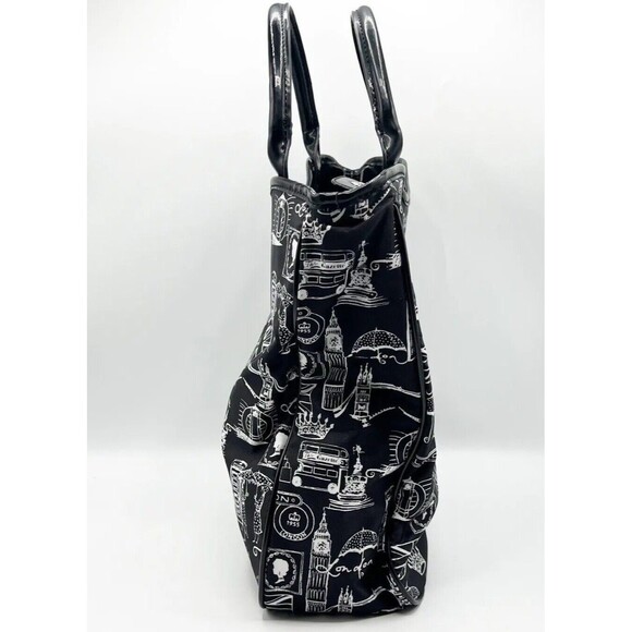 Lulu Guinness London Purse Bag Tote Womens Black White Vinyl Faux Patent Lined - Picture 3 of 12